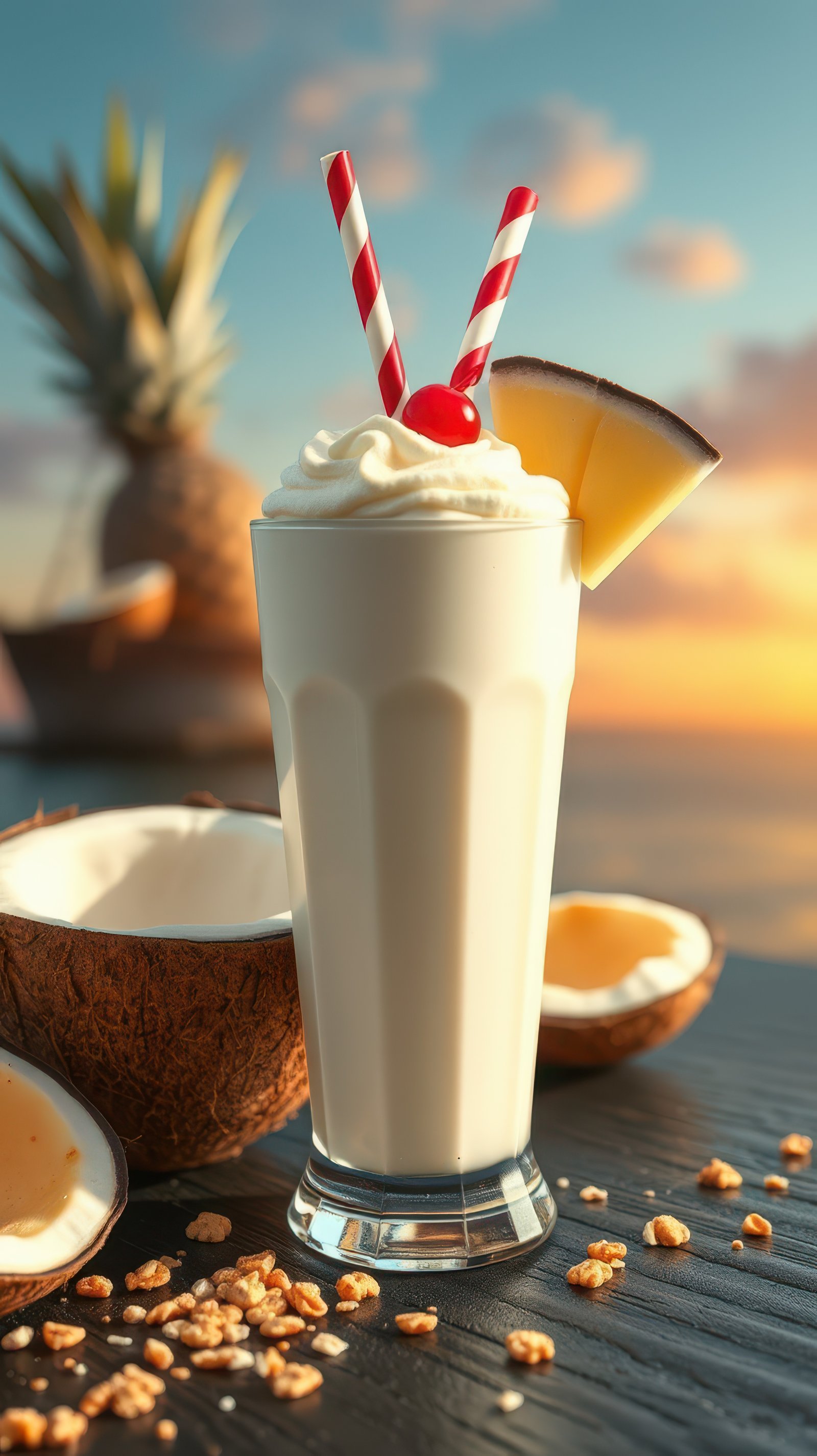 Creamy coconut smoothie with pineapple and cherry against a beautiful sunset at the beach